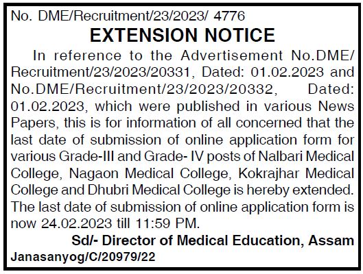 DME Assam medical college recruitment extension notice