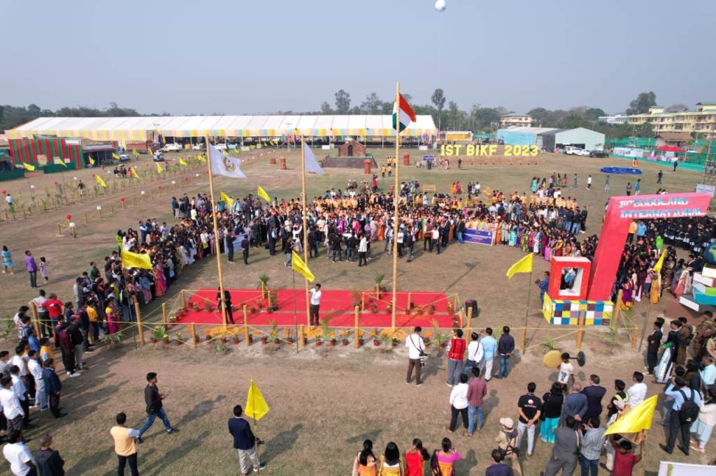 aerial view of flag hoisting of bodoland international knowledge festival