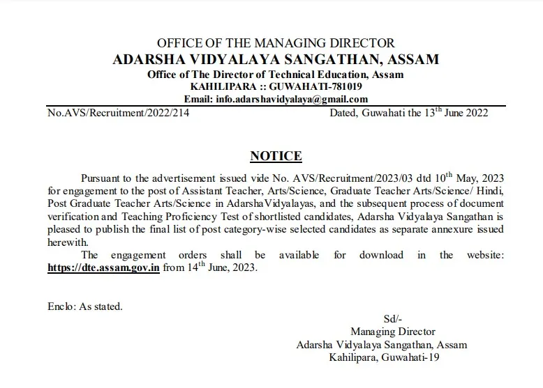 Adarsha Vidyalaya Assam Recruitment Result 2023 Notification