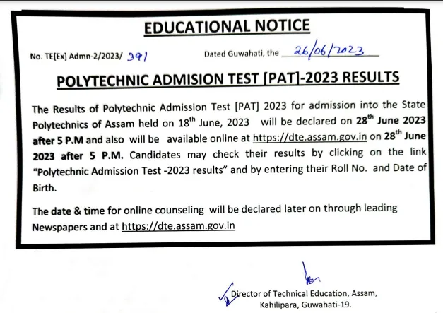 Assam PAT Result 2023 Notification