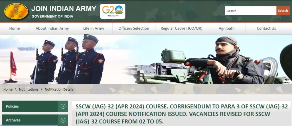 Indian Army JAG 32 Corrigendum 2023