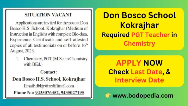 Don Bosco School Kokrajhar Recruitment 2023 for Chemistry Teacher