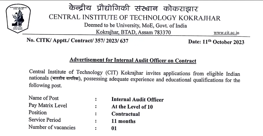 Internal Audit Officer Recruitment at CIT Kokrajhar 2023 Notification