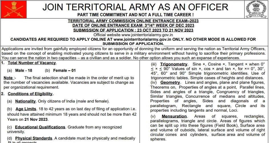 Territorial Army Recruitment 2023 Notification