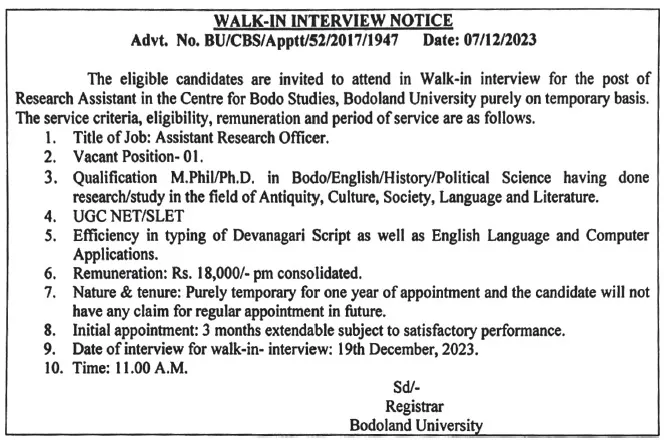 Bodoland University Assistant Research Officer Recruitment 2023 Notification