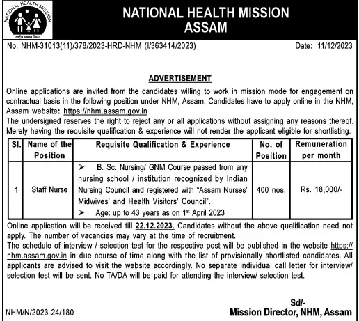 NHM Assam Staff Nurse Recruitment 2024 Notification