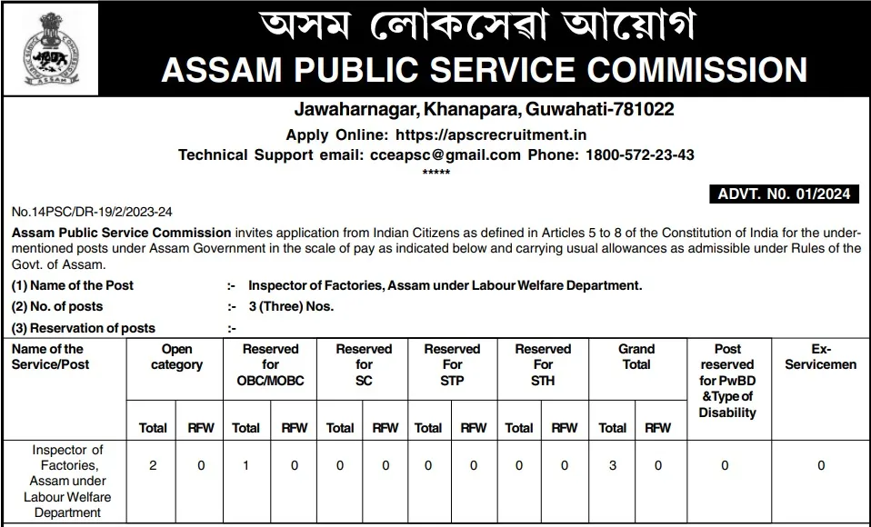 APSC Inspector of Factories Assam Recruitment 2024