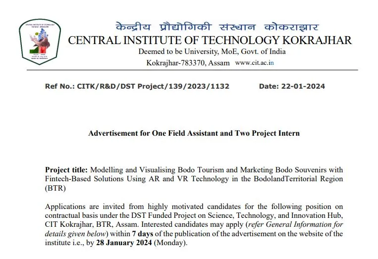 CIT Kokrajhar Field Assistant and Project Intern Recruitment 2024