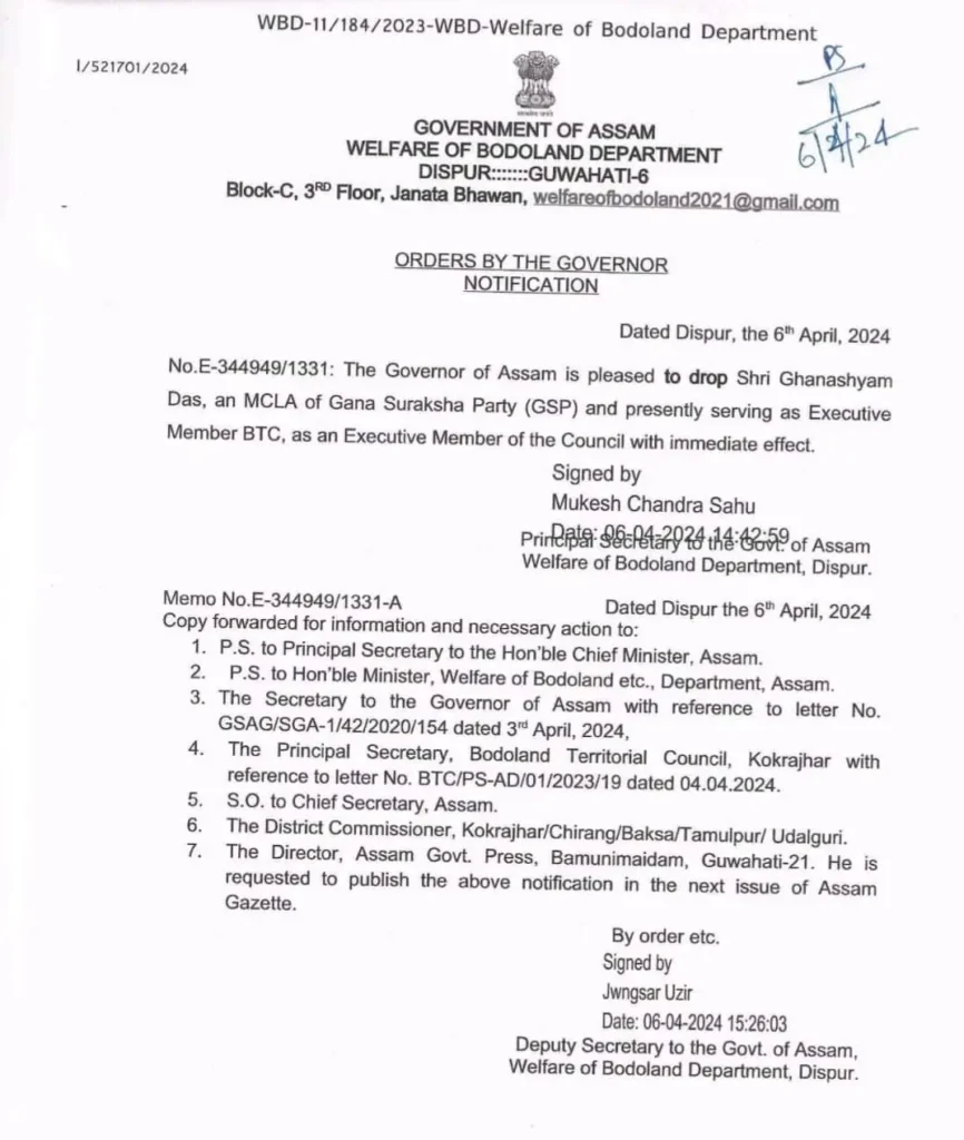 GSP leader Ghanashyam Das removed from BTC EM position