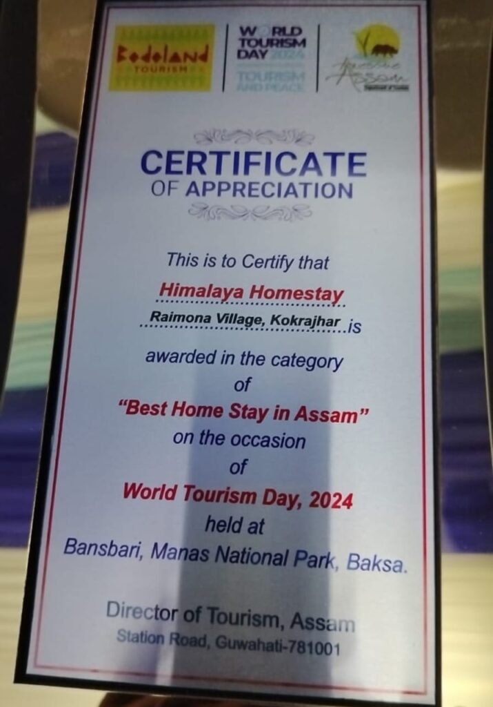 Himalaya Homestay, a proud part of the Raimona National Park Homestays, is located in the serene Raimona village. Recently, it was honored with a Certificate of Appreciation in the Best Homestay in Assam category during the World Tourism Day 2024 event, held at Bansbari, Manas National Park, Baksa. 